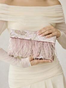 MOTF PREMIUM LADIES ELEGANT FLORAL PATTERN BEAD MATERIAL CLUTCH BAG ENVELOPE BAG WITH ARTIFICIAL FEATHER DECORATION,VALENTINES DAY - Baby Pink - View 7