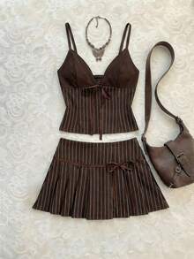Flirla Women's Summer Two-Piece Set: Color-Block Crop Top With Stripe Tie Detail & Matching Strappy Pleated Skirt, Casual Style. - Brown - View 1