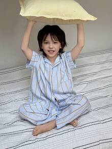 Dazy Kids Tween Boy Striped Short Sleeve Single-Breasted Top And Long Pants Pajama Set - Blue - View 5