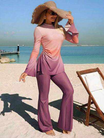 Swim Shayni 2026 Summer Vacation Beach Modest Purple Ombre Long Sleeve Flare Pants Burkini Set For Women New Women's Swimwear ArrivalFor School,Suitable For Holiday, Date, Afternoon Tea, Western, Cruise, Beach, Island, Road Trip, All Seasons, Music Festival, Boho Vacation,Bohemian Vacation, Chill Autumn ,Western Boho ,Elegant Tops For Women Two Piece Set Women Comfy Long Sleeve Two Piece Set Sunset Colors Outfit Long Sleeve Jumpsuits For Woman