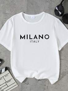 SHEIN Camiseta casual de manga corta y cuello redondo con estampado de letras para adolescentes - Multicolor - Ver 4