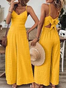 Breezaya 女士V领露背蝴蝶结吊带连体裤，玫瑰红，春夏款 - 黃色 - 查看 1