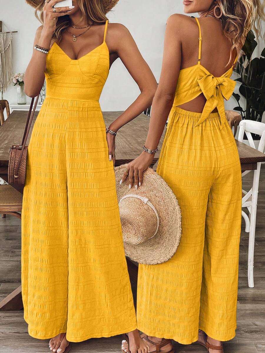 Breezaya 女士V领露背蝴蝶结吊带连体裤，玫瑰红，春夏款 - 黃色 - 查看 1