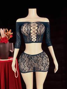 Women's Sexy Hollow Out Mesh Sheer Bodysuit 2 Pieces Set - Black - View 4