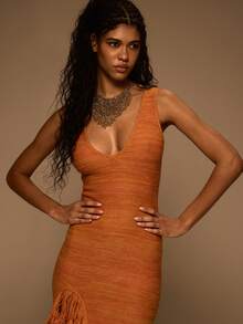 MUSERA 流苏针织圆领修身长裙，春夏优雅度假伊比沙岛俱乐部场合性感晚宴婚礼宾客日落之吻 - 橘色 - 查看 2