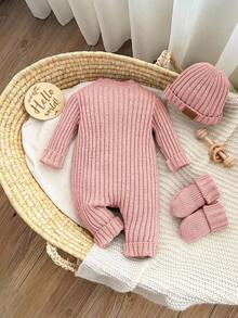 SHEIN 新生女婴可爱秋冬百搭针织连脚裤和帽子套装 - 藕粉色 - 查看 2