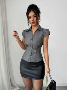 Elenzga 女士夏季新款优雅通勤/办公穿着梭织条纹短袖修身衬衫 - 灰色 - 查看 6