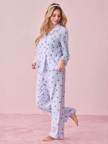 Bonmuse 女士泡泡褶皱爱心印花家居服套装，适合室内外穿着 - 藍色 - 查看 7