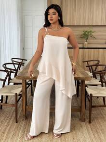 Weeklong Plus Size Women's One-Shoulder Metal Buckle Ruffle Hem Asymmetrical Hem Casual Suit, Suitable For Daily Wear, Spring/Summer - Apricot - View 4