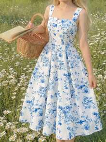 SHEIN Teen Girl Fashionable Elegant Floral Print Dress - Blue and White - View 1