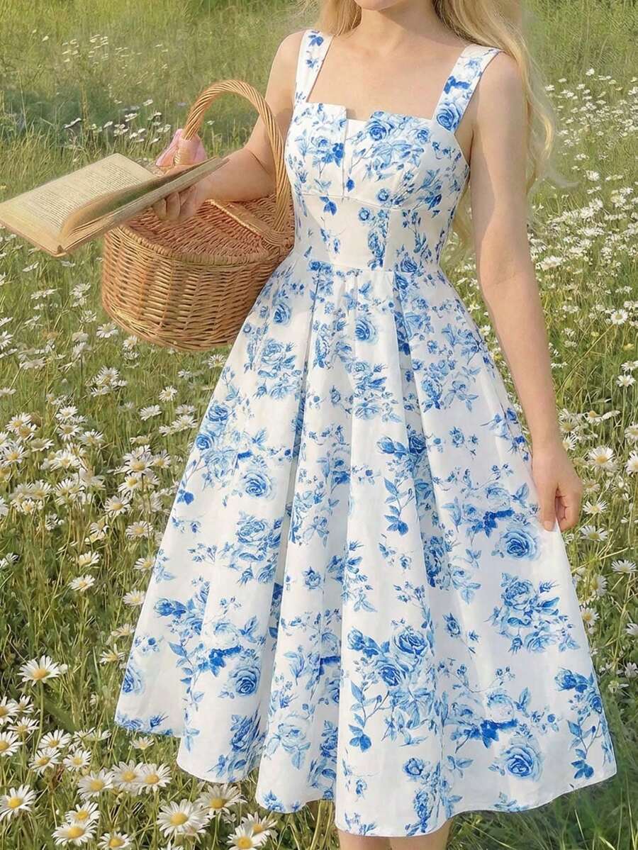 SHEIN Teen Girl Fashionable Elegant Floral Print Dress - Blue and White - View 1