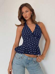 RiviMae Women's V-Neck Halter Ruffle Polka Dot Sleeveless Top, Suitable For Spring Music Festivals - Royal Blue - View 4