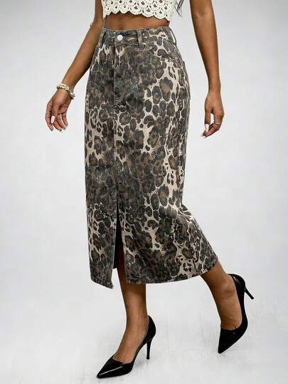 SHEIN ICON 女士豹纹开衩牛仔裙