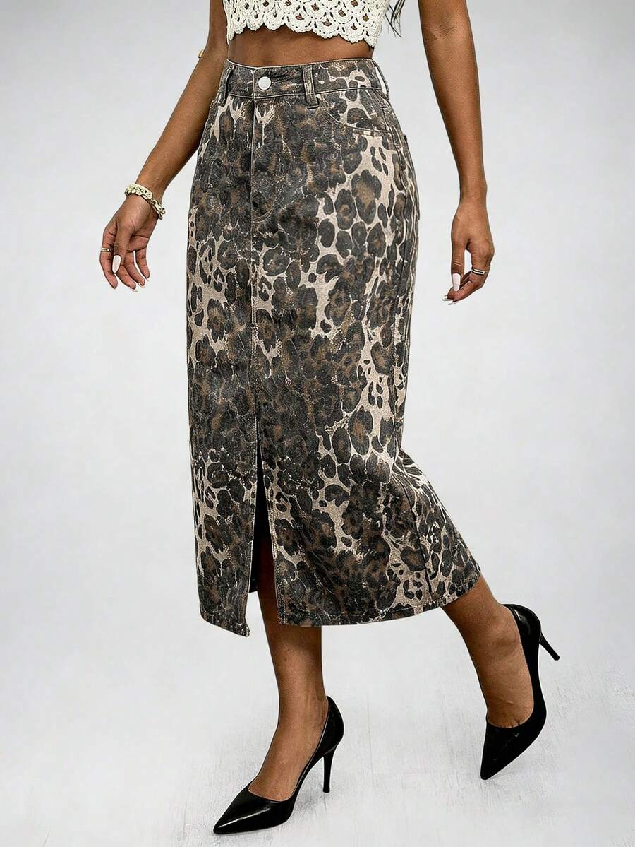 SHEIN ICON 女士豹纹开衩牛仔裙 - 彩色 - 查看 1