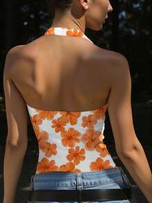 INAWLY Top de tirantes con cuello halter con estampado aleatorio, estilo vacacional para mujer - Multicolor - Ver 2