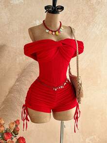 Soleia Women's Red Seksi Chic Holiday Vacation Textured Knit Off-Shoulder Ruched Drawstring Jumpsuit,Boho Beach Cruise Music Festival No Chest Padding - Red - View 8