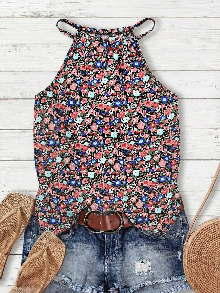 Rusticease Áo camisole nữ kiểu dáng thường ngày, hở lưng, thắt nơ, họa tiết hoa nhí. - Hồng - Xem 1