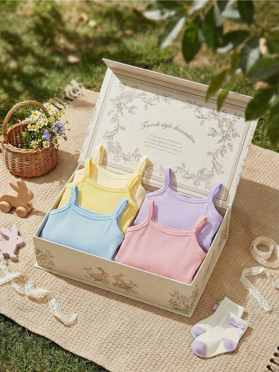 Souflis Souflis 5pcs/Set Baby Girl Infant Toddler 0-3Y Casual All-Match Solid Color & Ribbed Knit Romper Bodysuit Outfit Set - Multicolor - View 1