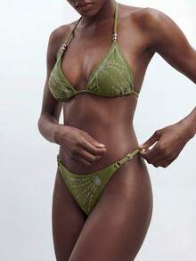 Maija Women's Halter Neck Spaghetti Strap Triangle Bikini Set,Glitter Sequin Textured 2 Pieces Bathing Suit,Olive Green Summer Casual Beach Vacation Holiday - Army Green - View 7