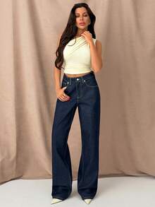 EURMUSE High Waist Raw Wash 100% Cotton Straight Leg Denim Jean - Dark Wash - View 3