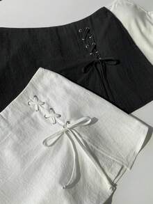 Comfortcana Quần short nữ màu trơn buộc dây, kiểu dáng tối giản, thích hợp mặc mùa hè. - Đen và trắng - Xem 5