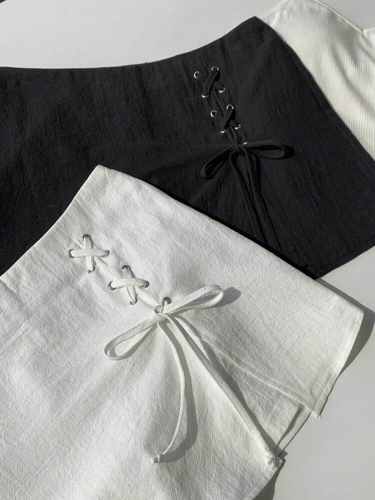 Comfortcana Women's Solid Color Tie-Up Minimalist Summer Casual Shorts,Chic Vacation Summer Skirt Outfits,Spring Festival Beach Country Concert White And Black - Black and White - View 5