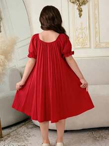 SHEIN Young Girls' Dreamy Soft Princess Style Red Dress,Summer Short Sleeve A-Line Lightweight Flowing Party Dress For Daily Leisure Activities - Red - View 2