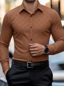Manfinity Mode Áo sơ mi nam công sở dài tay cài nút vừa vặn, áo sơ mi nam dài tay, mùa thu - Cà phê nâu - Xem 3