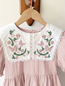 SHEIN Tween Girl Loose Casual Petal Sleeve Floral Pattern Embroidered Midi Dress Tween Girl - Pink - View 5