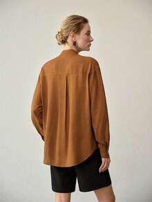 MOTF PREMIUM BROWN NOTCH NECK LOOSE CASUAL VINTAGE STYLE BLOUSE FOR WOMEN, SUITABLE FOR WORK AND EVERYDAY WEAR, SPRING/SUMMER - Brown - View 4