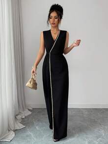 SHEIN Elenzya Elegant Black Sleeveless V-Neck Fitted Waist Jumpsuit, Suitable For Commuting, Travel, Party, Minimalist Design - Black - View 7