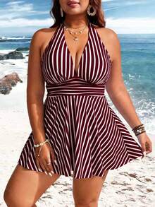 Swim Lushoire 大码女士两件式条纹印花腰部褶皱挂脖式吊带泳衣，成熟简约休闲度假泳装 - 彩色 - 查看 3