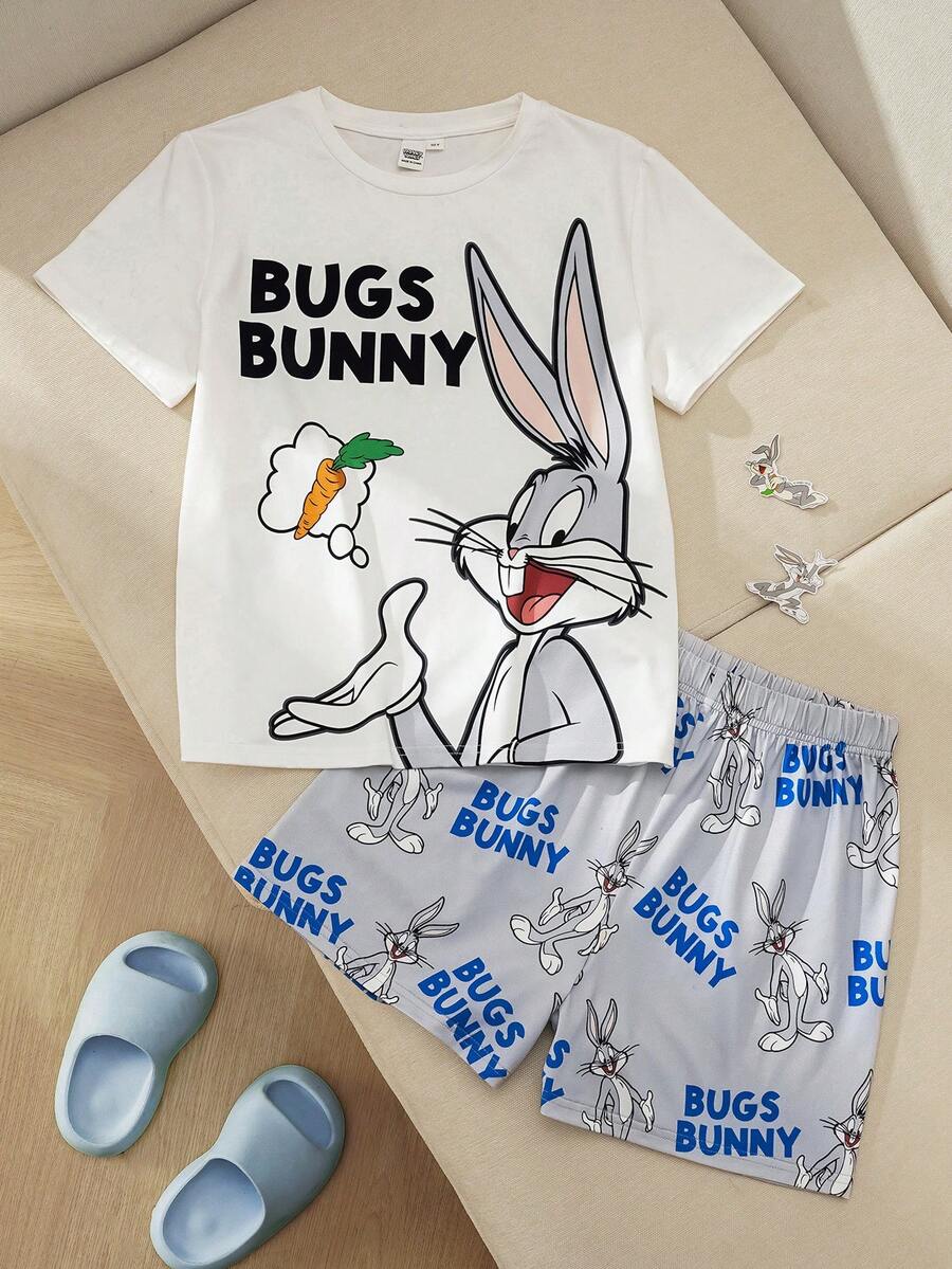 LOONEY TUNES X SHEIN Tween Boy Cartoon Letter Print Crew Neck Short Sleeve Top And Shorts Casual Loungewear Set - Multicolor - View 1