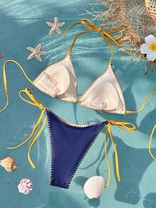 Swim Mod Elastic Denim Effect Women's Swimwear Set, Sexy Halter Triangle Bikini 2-Piece, Suitable For Island, Beach, Pool Party, Cruise, Casual & Versatile - Navy Blue - View 3