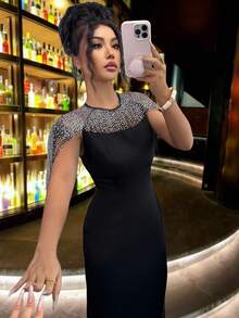 Elenzga Women's Elegant Luxurious Black Satin Long Sleeve Evening Dress,Autumn Sequin Strapless Waist Cinched Gowns,Formal Parties Galas & Dining Dress - Black - View 5
