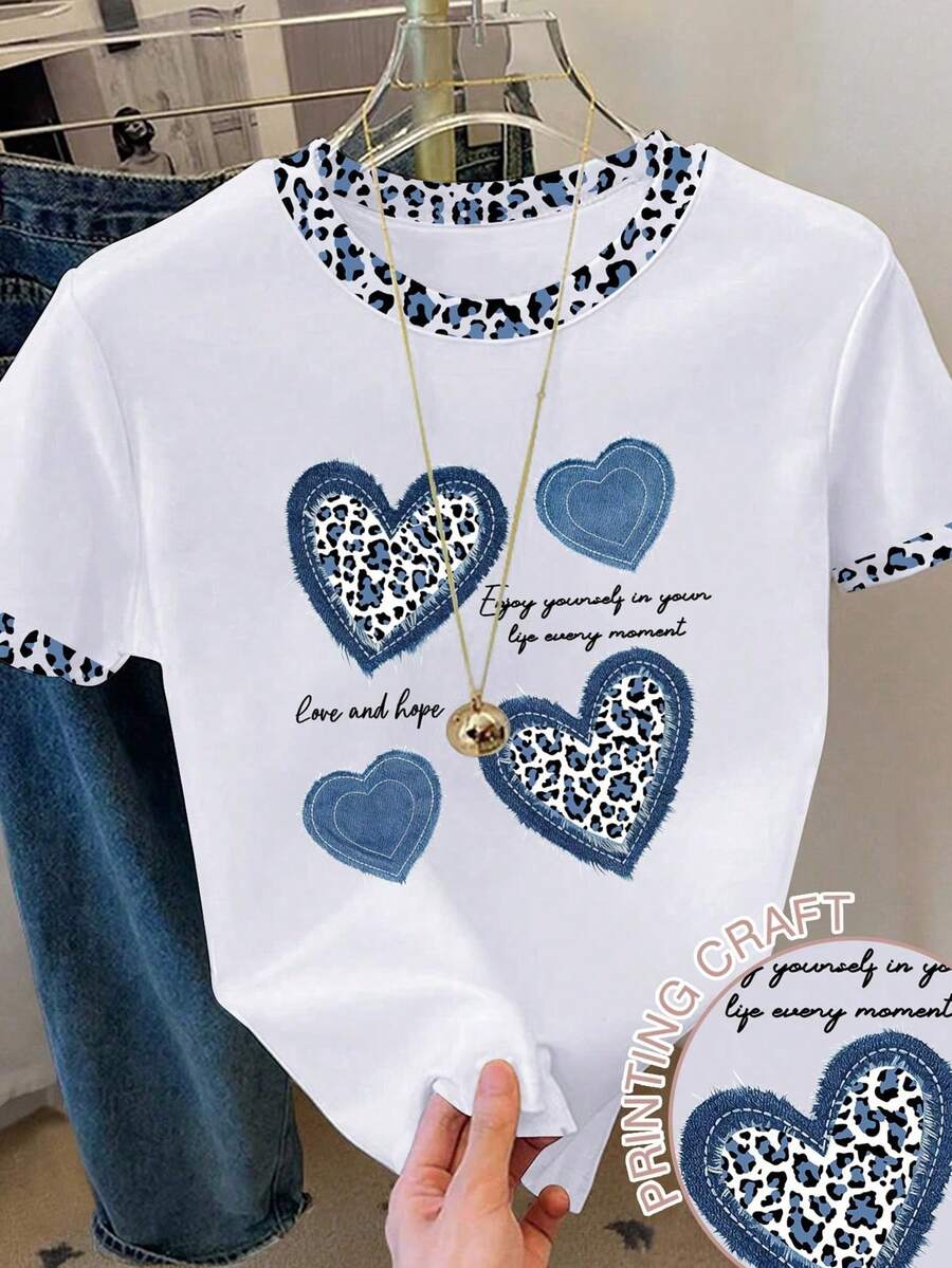 豹纹撞色滚边圆领宽松针织爱心字母图案休闲上衣，适合夏季通勤、居家及所有季节穿着。 - 粉色 - 查看 1