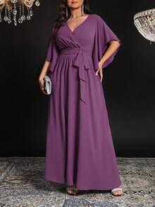 SHEIN CURVE+ 大码女式梭织纯色修身V领喇叭袖系带腰部褶皱开衩优雅派对连衣裙 - 淡紫色 - 查看 5