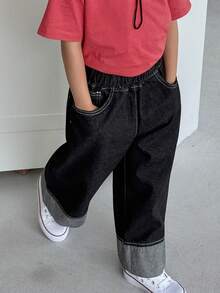 DAZY Young Boy Casual Everyday Commute Minimalist Elastic Waist Cuffed Hem Loose Wide Leg Jeans - Black - View 6