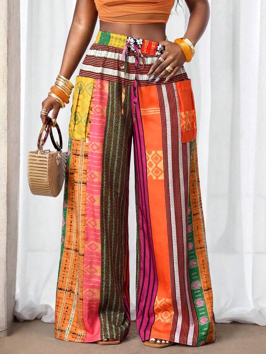 SHEIN BamGlam Lady's New Spring/Summer Color-Striped Printed Straight-Leg Pants, Perfect For Beach Vacations - Lavender/Yellow - View 1