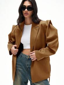 GENKIRA Áo blazer dáng rộng, thoải mái, đa năng, phù hợp đi làm, vai rộng, có dây rút trang trí, màu trơn. - màu nâu - Xem 4