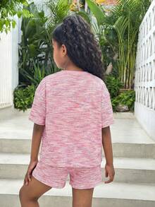 SHEIN 少女条纹圆领落肩上衣和系带短裤休闲两件套 - 粉色 - 查看 2