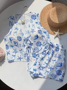 Comfortcana Women's All-Over Print V-Neck Tank Top And Shorts Casual 2 Pieces Set - Baby Blue - View 4
