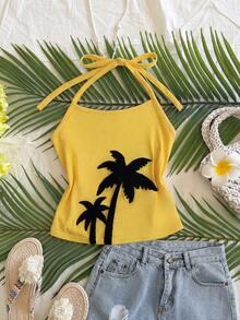 INAWLY Camiseta de tirantes con cuello halter y estampado de color contrastante para mujer - Amarillo - Ver 8