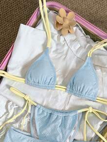 Bonvoyette Bộ đồ bơi nữ 3 món màu vàng, vải, màu xanh dương, kiểu buộc dây bên hông, cổ yếm. - Màu xanh lam - Xem 5