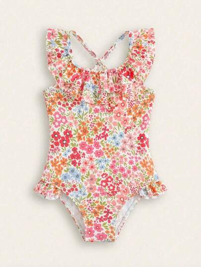 SHEIN 小女孩可爱多色碎花双层荷叶边连体泳衣，适合游泳、夏季、海滩度假