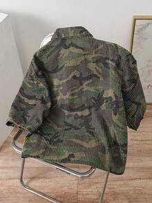 Manfinity Joysei Áo sơ mi nam tay ngắn dệt kim họa tiết rằn ri dáng rộng, phong cách đường phố. - xanh quân đội - Xem 2