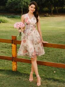 Vestido de mujer elegante vintage, vestido de verano/primavera con ajuste, estampado floral y cuello en V sin mangas, vestido con dobladillo de paraguas floral rosa - Albaricoque 2 - Ver 11