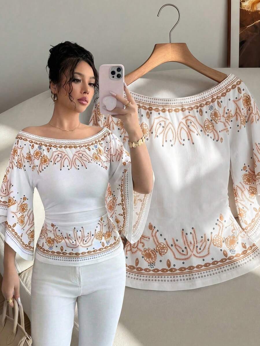 Elenzga 白色针织弹力喇叭袖露肩优雅印花T恤，女士百搭夏季T恤 - 杏色 - 查看 1