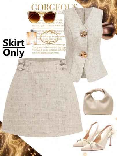 Ellevyn Women's Gold Button Sleeveless Top, Solid Color Mini Skirt  Summer Skirt  Summer Outfits For Women  Formal Attire For Women  Summer Women's Comfortable, Loose, Elegant, Casual, Metallic Embellished, Versatile Apricot Linen-Style Short Skirt, Popular Online Style, Sexy And Casual