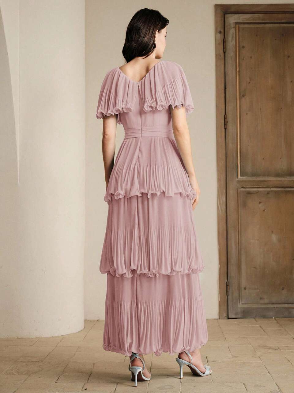 Anewsta Vestido largo elegante con cuello en V, cintura ceñida, mangas de murciélago y pliegues en línea A para mujeres